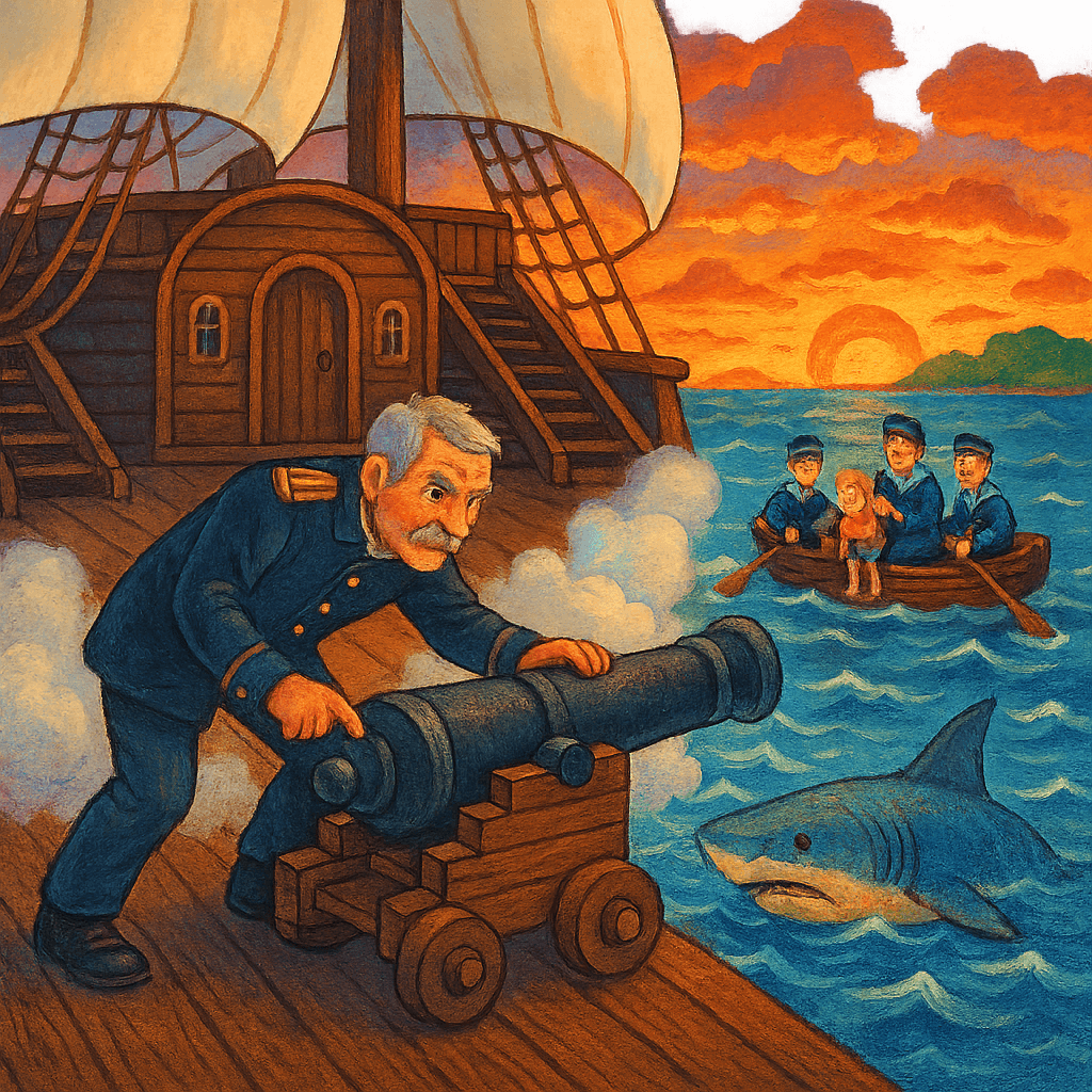 Артиллерист выстрелил из пушки, мёртвая акула на волнах, матросы вытаскивают мальчиков в шлюпку. Африканский закат и корабль.