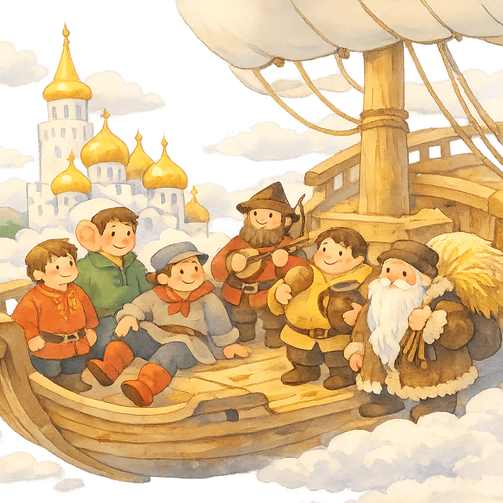 Вся компания на летучем корабле у царского дворца