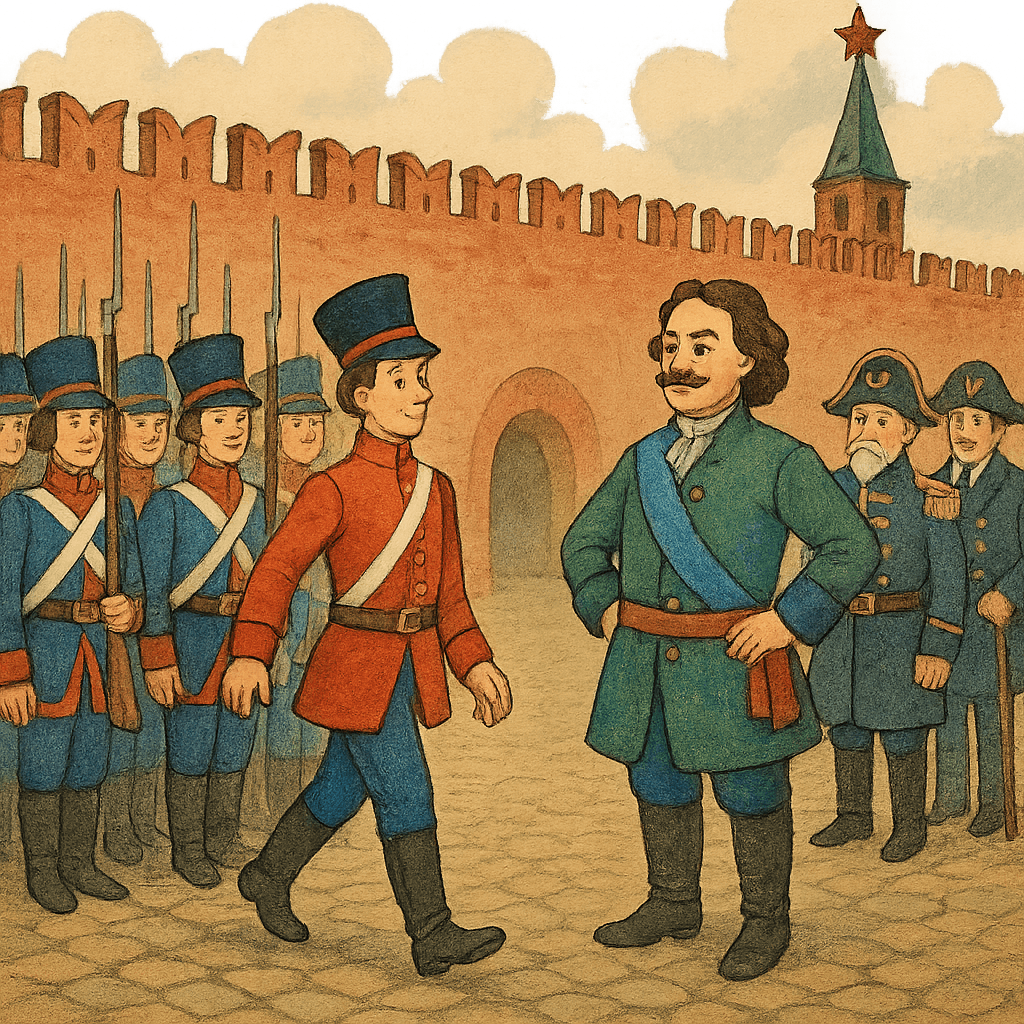 Солдат выходит из строя на плацу перед Петром Первым