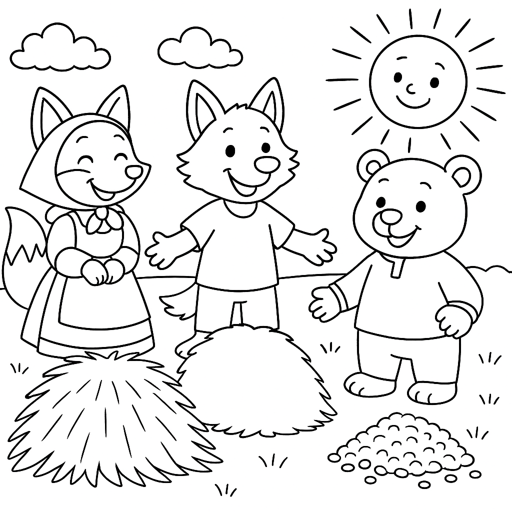 Раскраска по сказке "Лиса, волк и медведь"