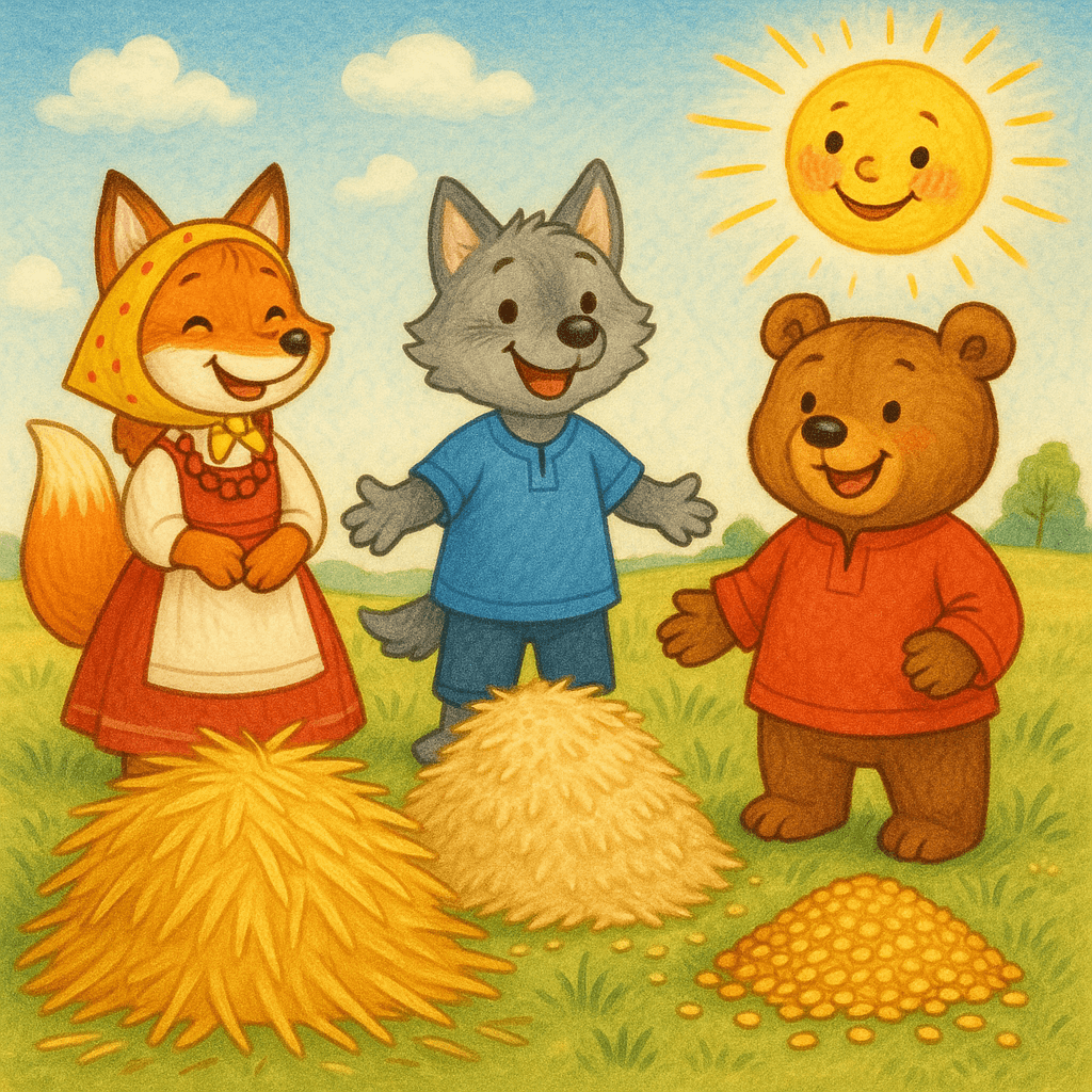 Лиса, волк и медведь делят урожай на три кучи: солому, мякину и зерно