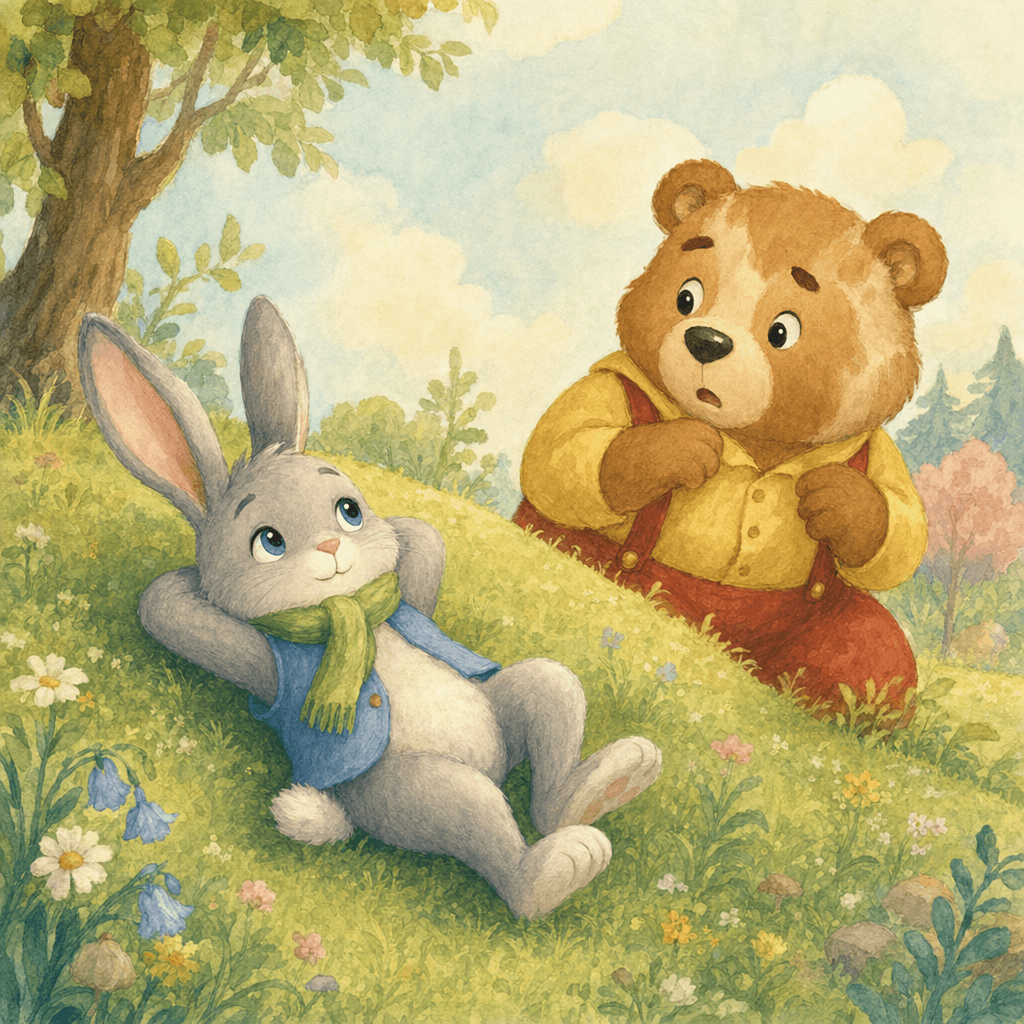 Медведь боится спящего зайца на пригорке