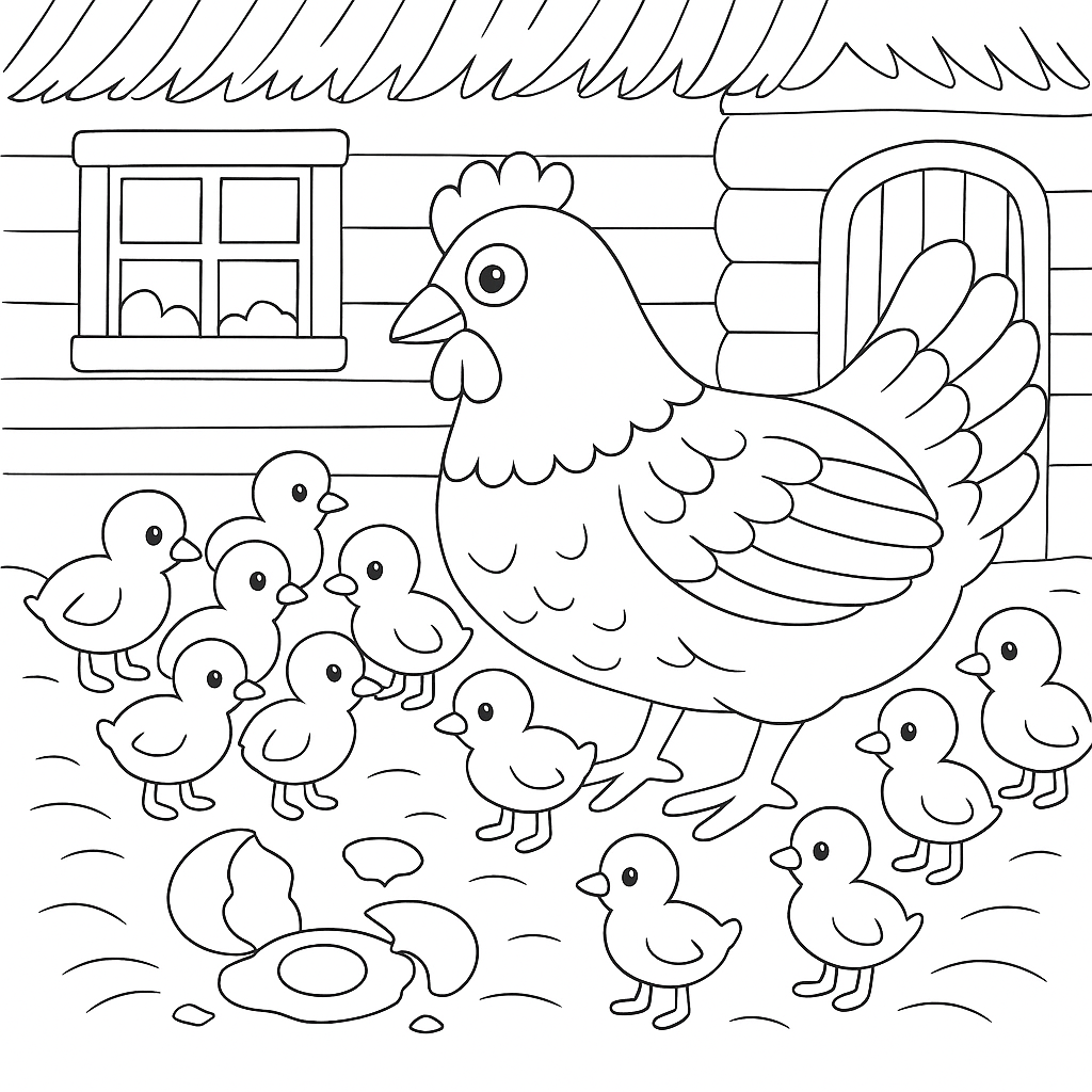 Раскраска по сказке "Курочка ряба и десять утят"