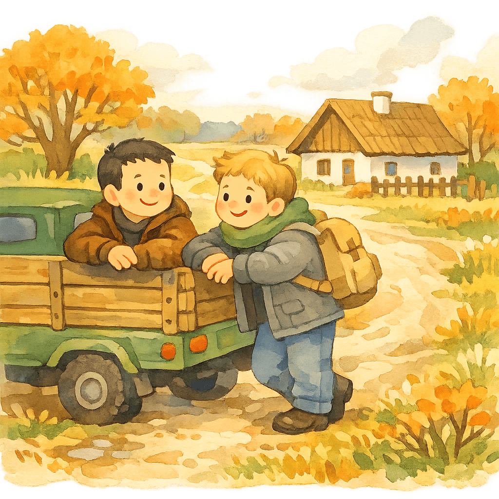 Два мужчины с грузовиком на просёлочной дороге среди природы