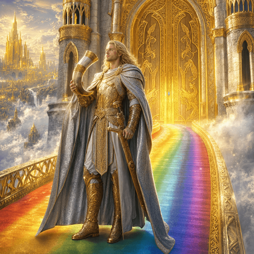 Хеймдалль стоит на радужном мосту Бифрёст перед воротами Асгарда