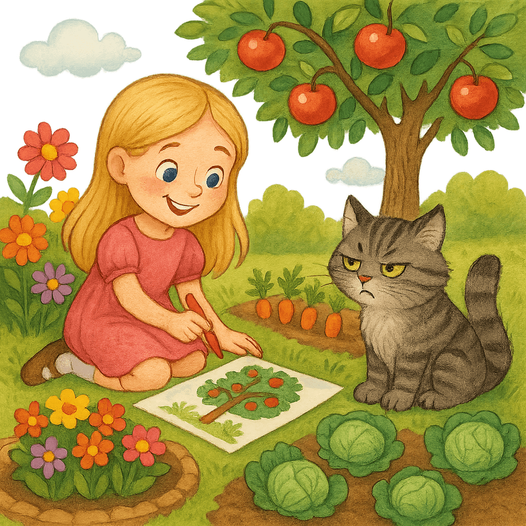 Девочка рисует сад и огород, кошке не нравится капуста.