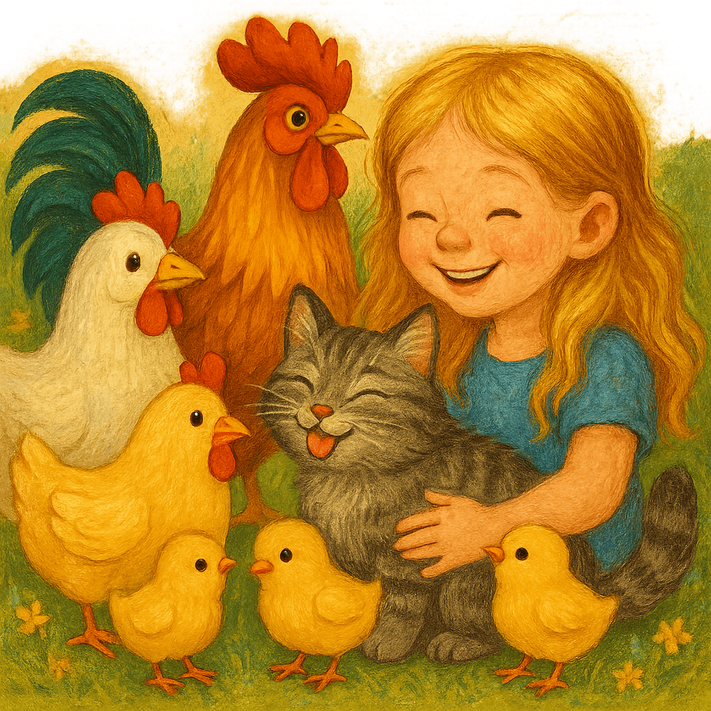 Девочка рисует птиц, а кошка довольно мурлычет.