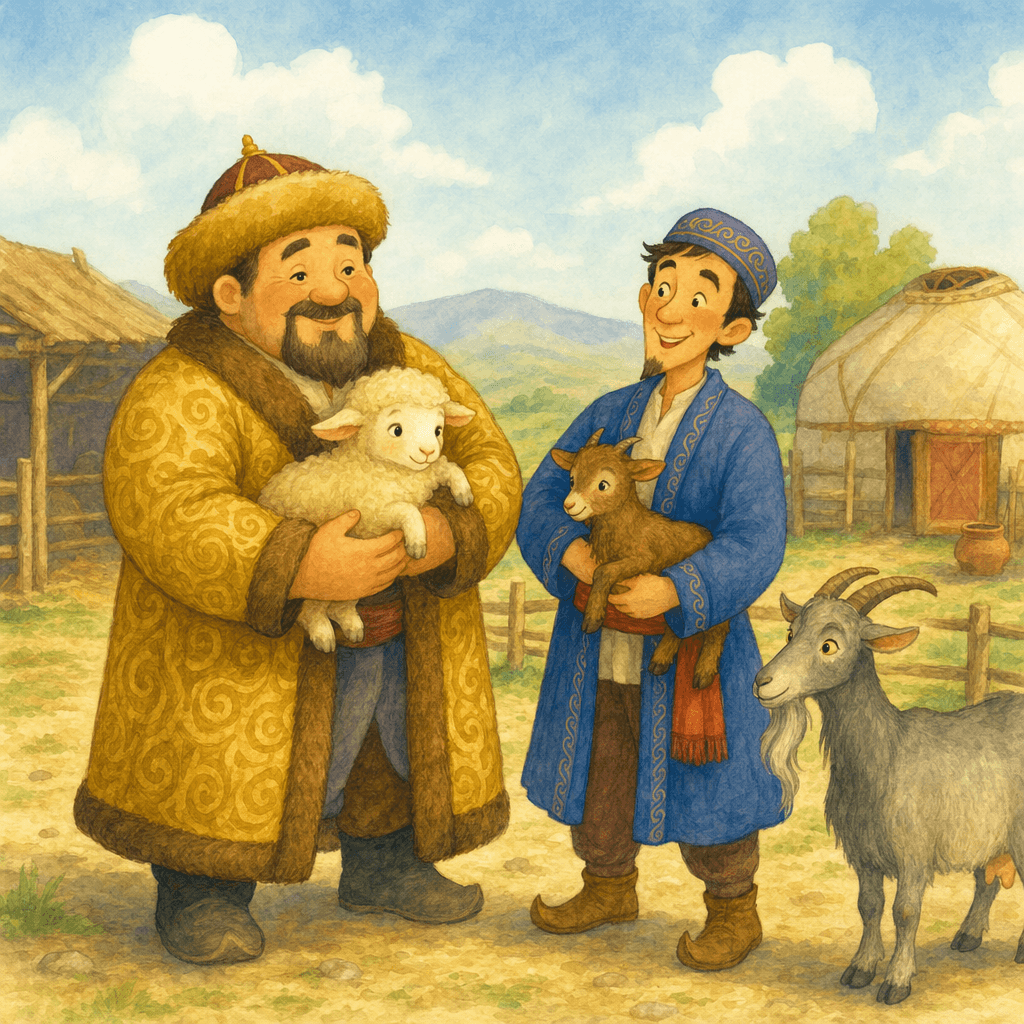 Жатыр-бай даёт Алдару-Косе ягнёнка