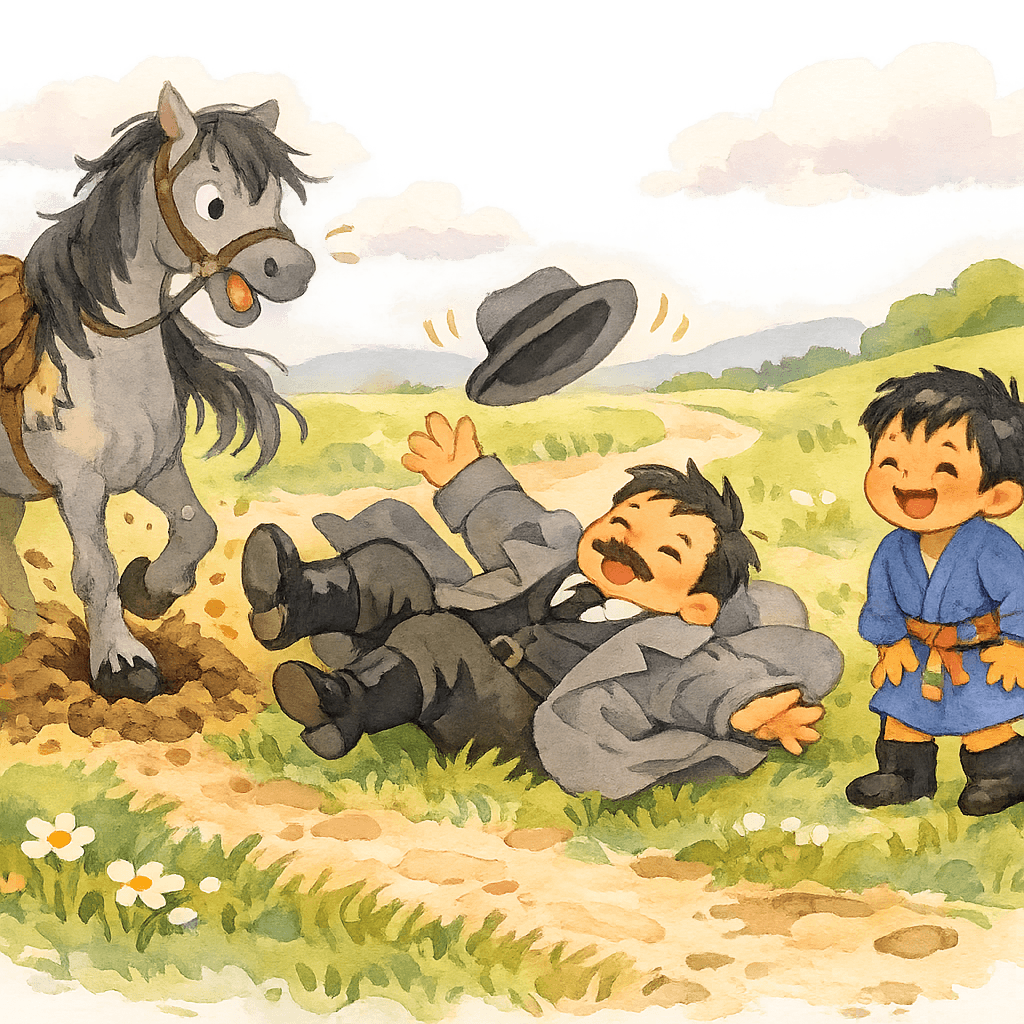 Чиновник упал с коня из-за норы, мальчик смеется рядом