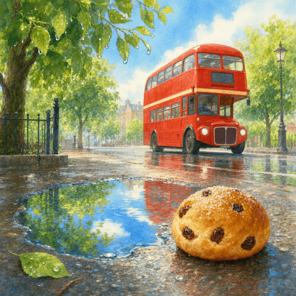 Лужа и булочка с изюмом на тротуаре, отражения людей и красного автобуса в воде.