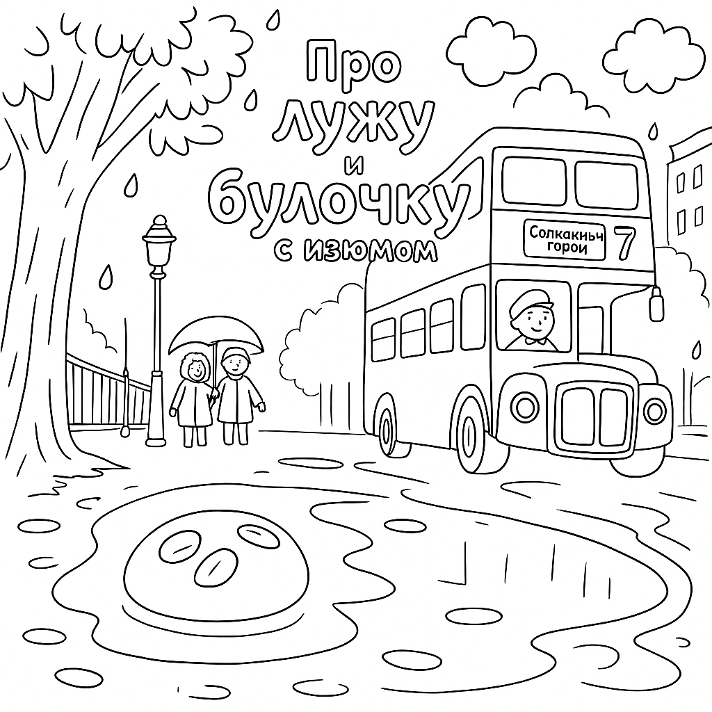 Раскраска по сказке "Про лужу и булочку с изюмом"