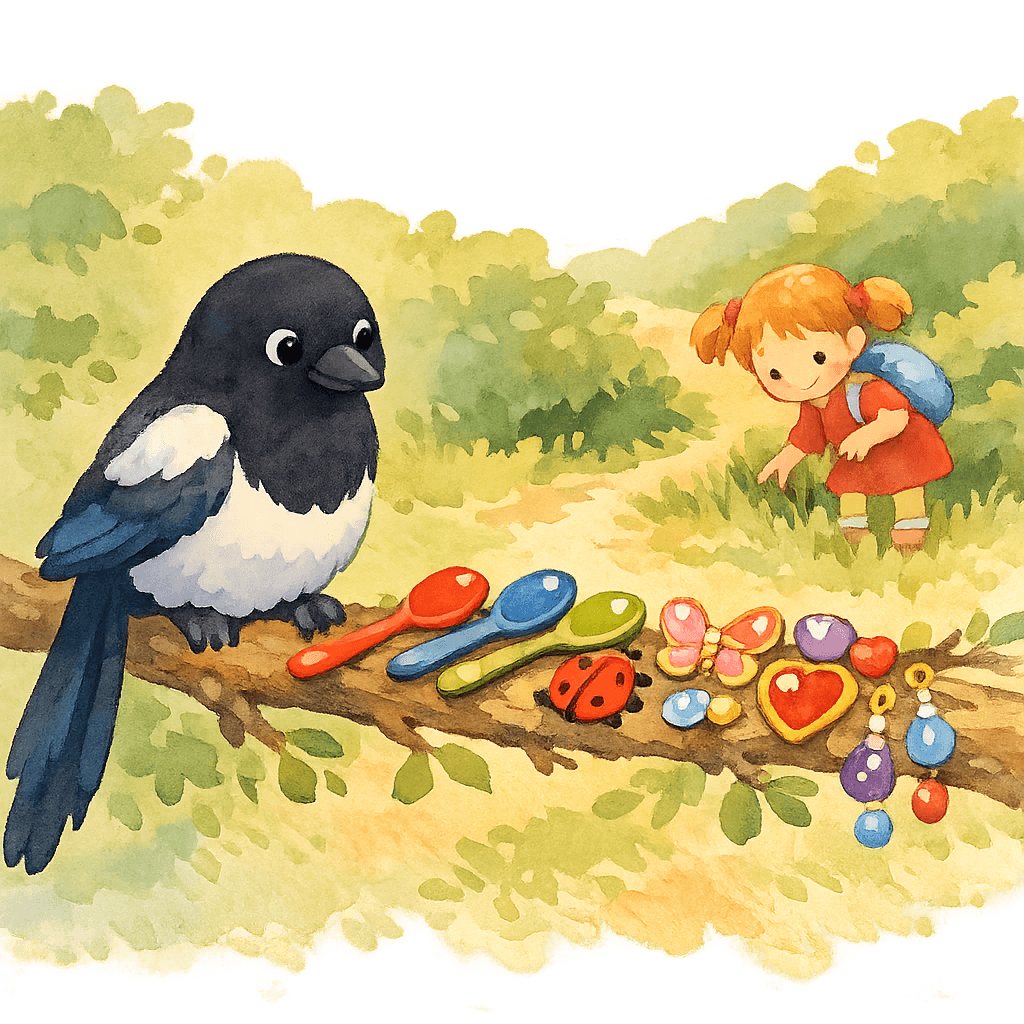 Сорока на ветке среди найденных безделушек, Оля ищет колечко