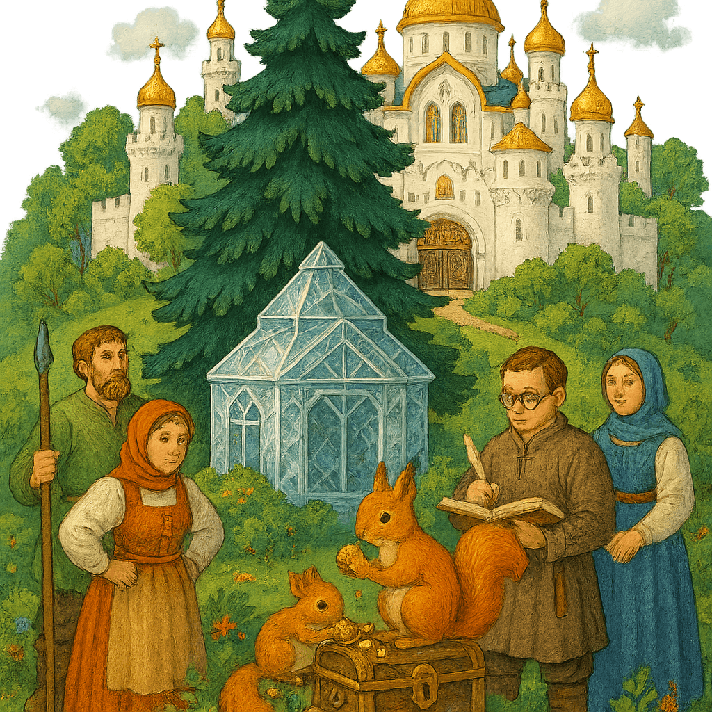 Белка под елью в хрустальном доме грызёт золотые орехи, вокруг городской дворец и слуги.