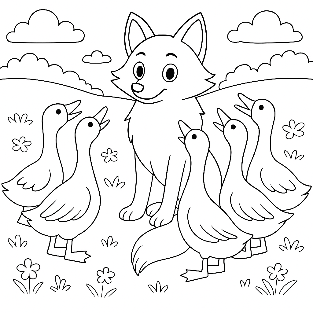 Раскраски: Лиса и гуси