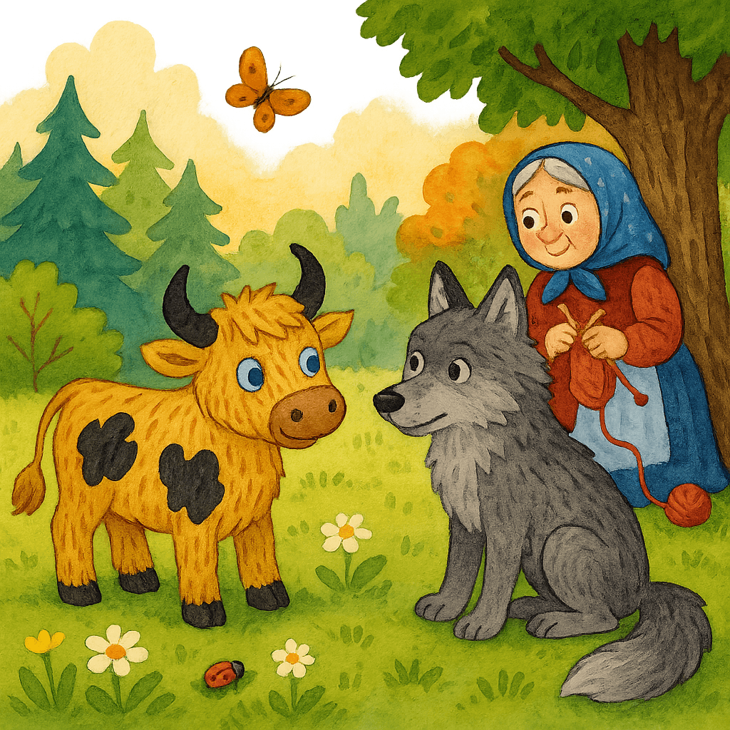 Волк набрасывается на бычка, бабушка наблюдает