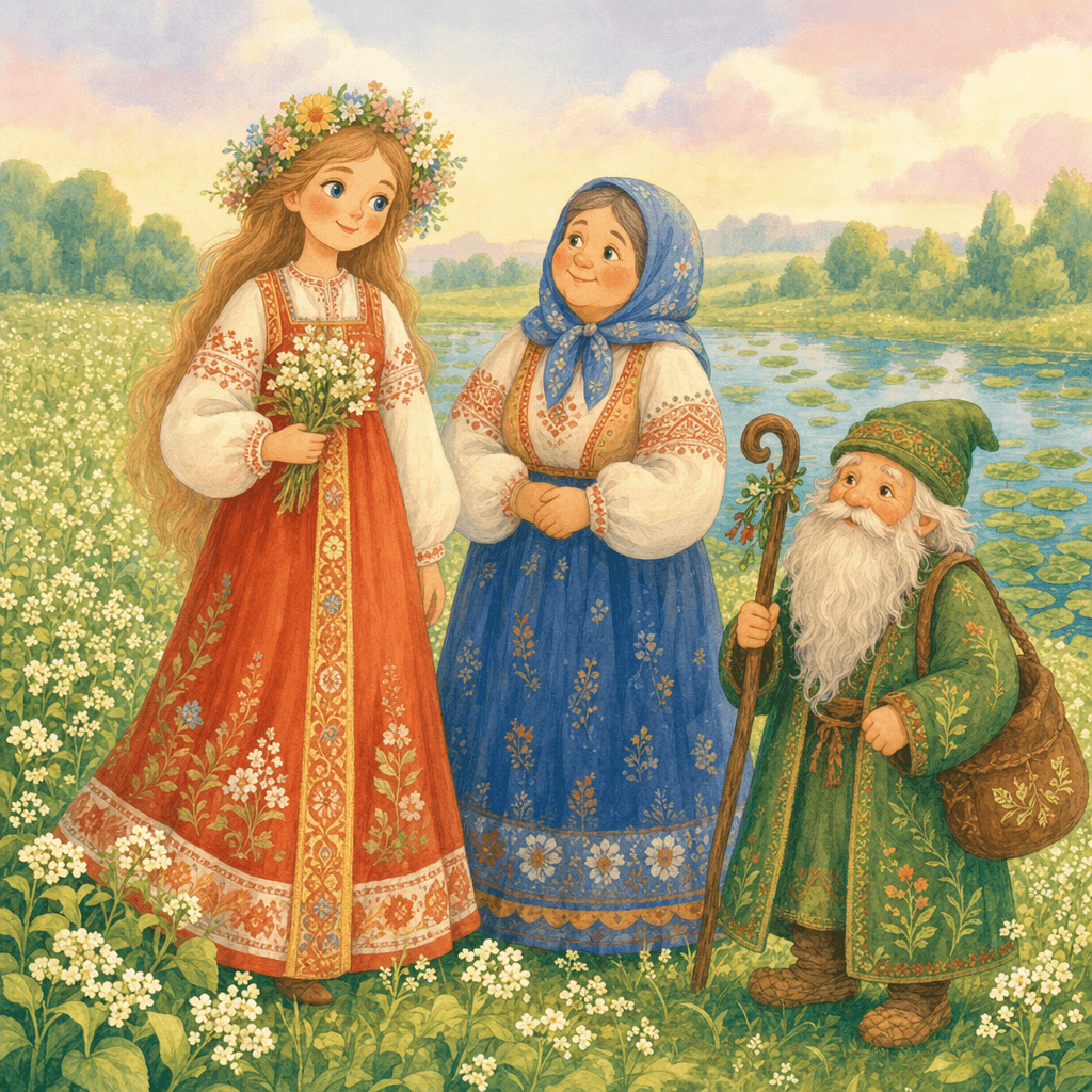 Крупеничка, ее мамушка Варварушка и волшебный старичок Одолень-трава на поляне у озера