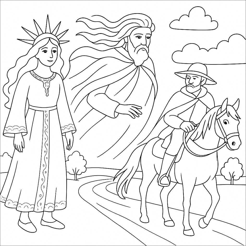 Раскраска по сказке "Ветер и солнце"