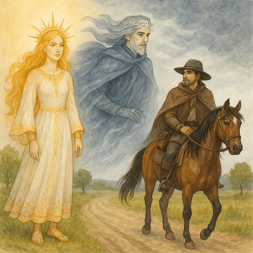 Солнце и Ветер наблюдают за путешественником, едущим по большой дороге.