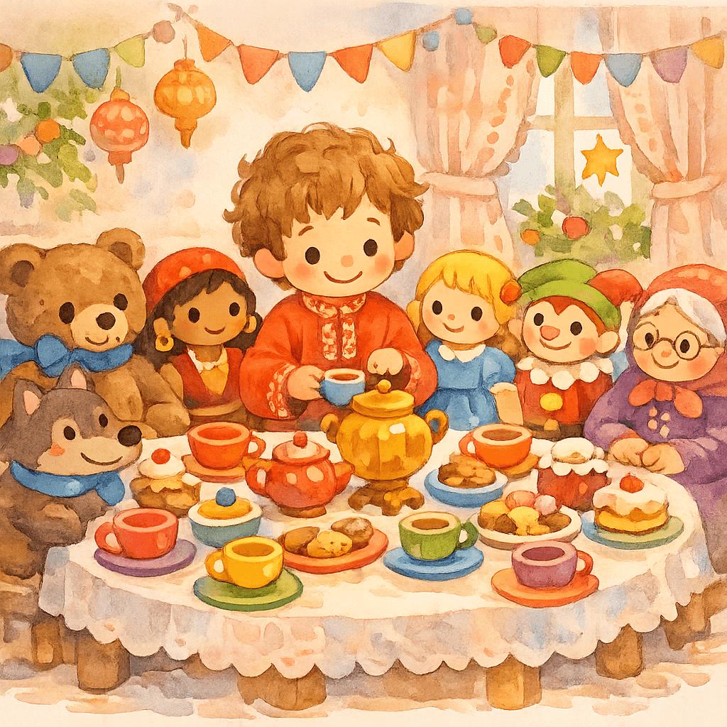 Игрушки за праздничным столом в разгаре угощения