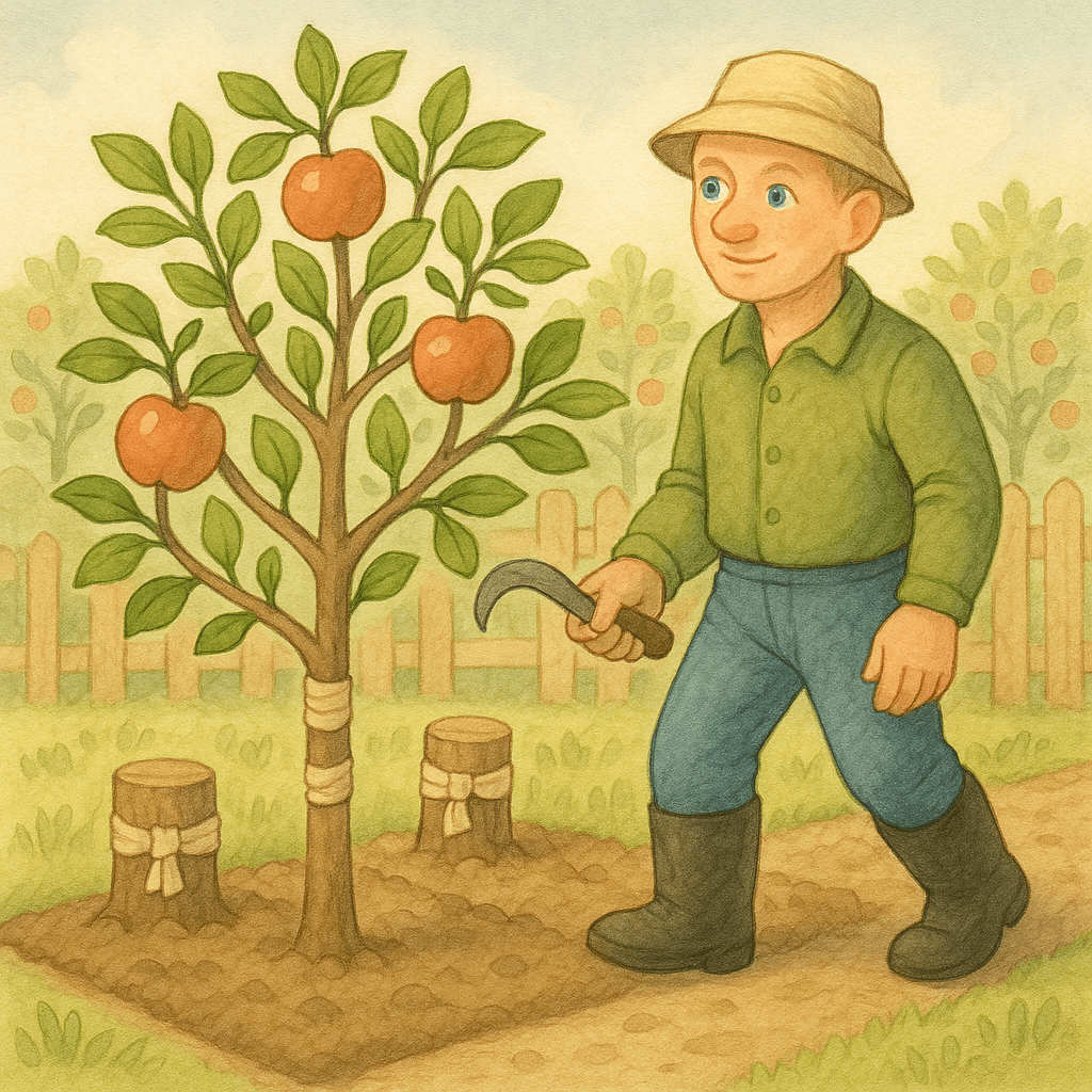 Яблоня среди пеньков с тряпочками и садовник с садовым ножом.