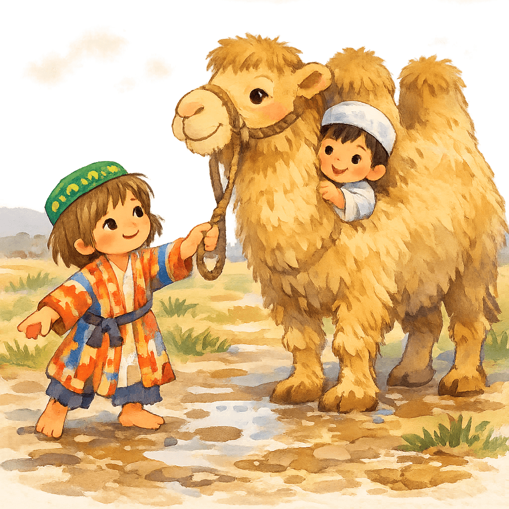 Незнакомый мальчику тянется за поводом верблюда, а из-под уха выглядывает Ярты