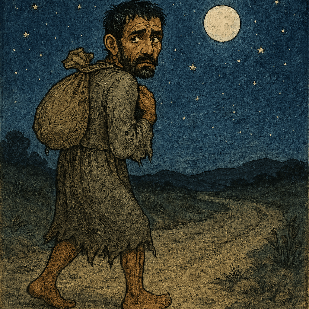 Нищий идет по дороге ночью под луной