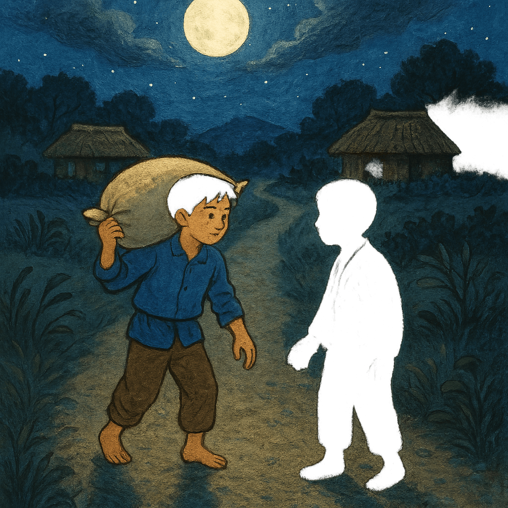 Чан Мо несёт ночью мешок с рисом; в темноте встречает незнакомца.