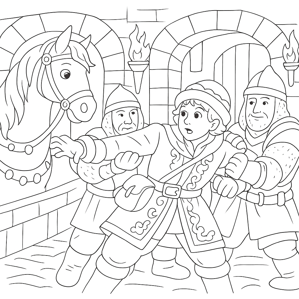 Раскраска по сказке "Иван-царевич и серый волк"