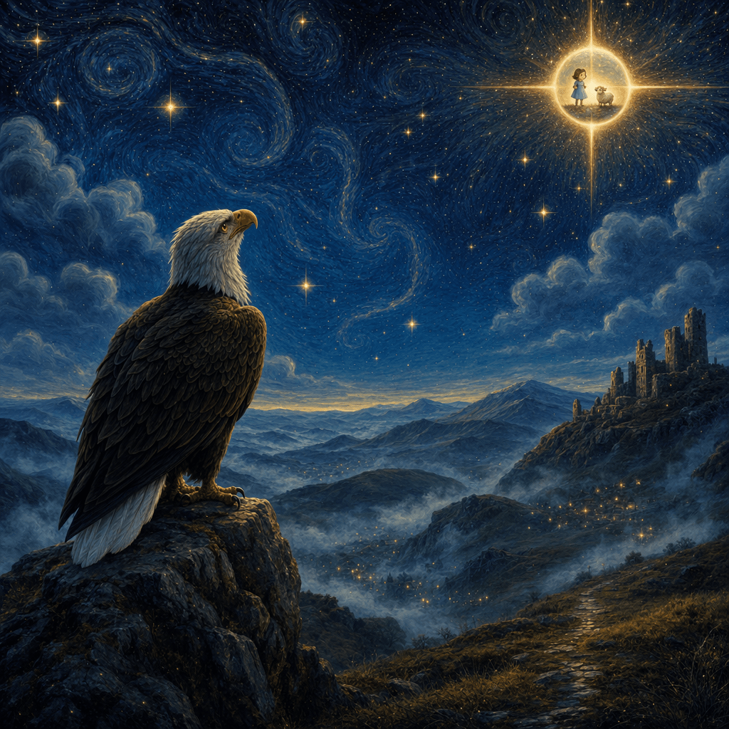 Орел Дэвид вечером смотрит на яркую звезду