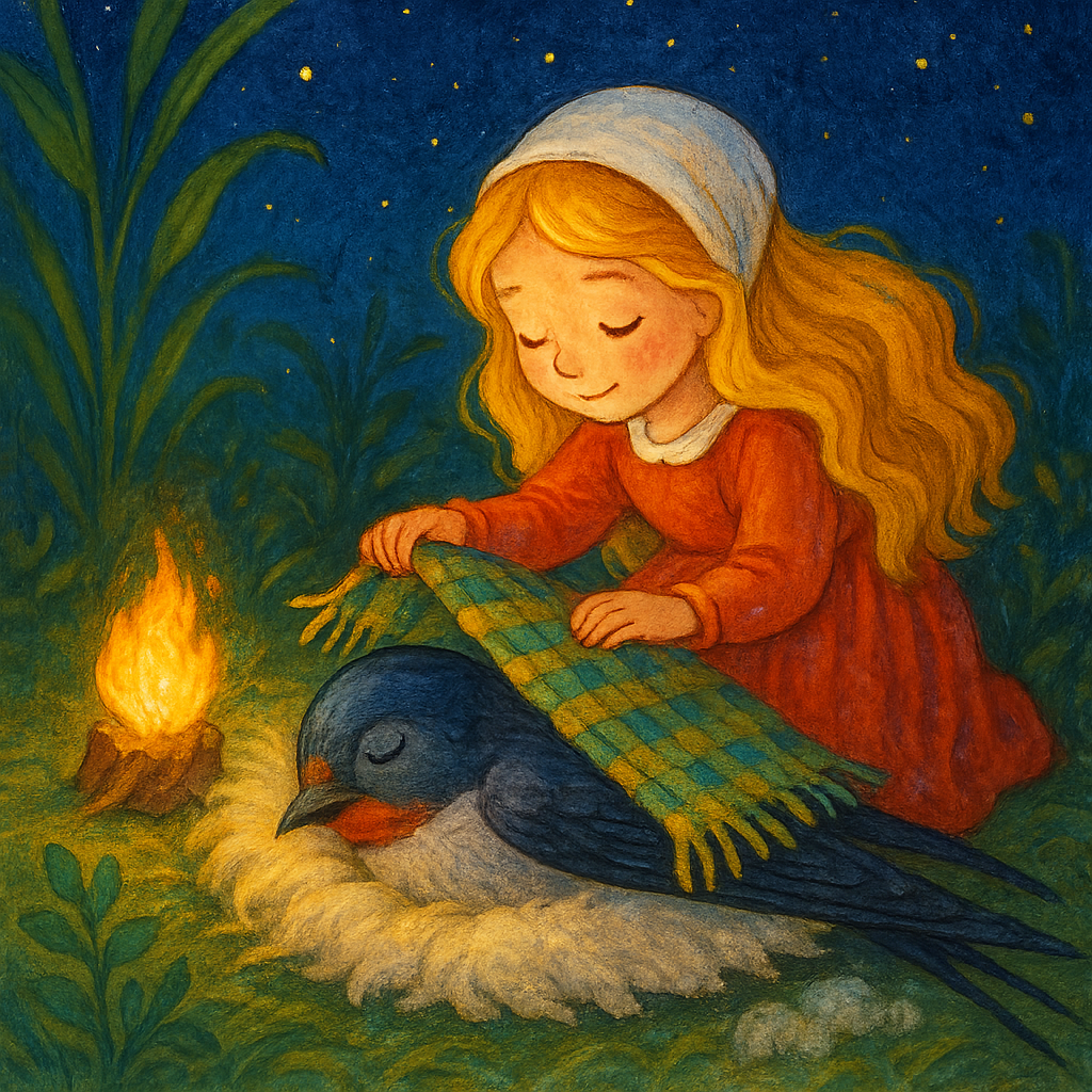 Дюймовочка заботится о ласточке, укрывая её ночью.