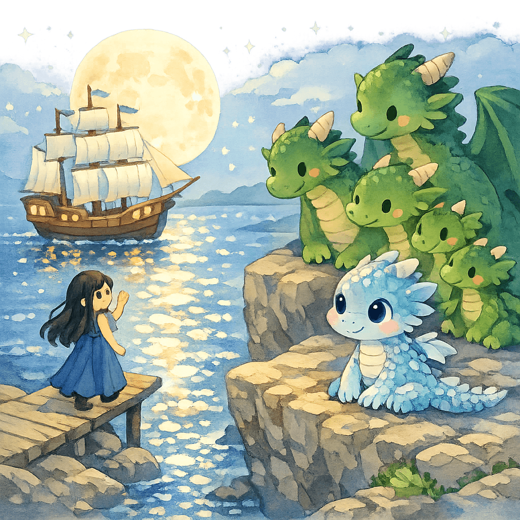 Драконы провожают девушку на корабль ночью