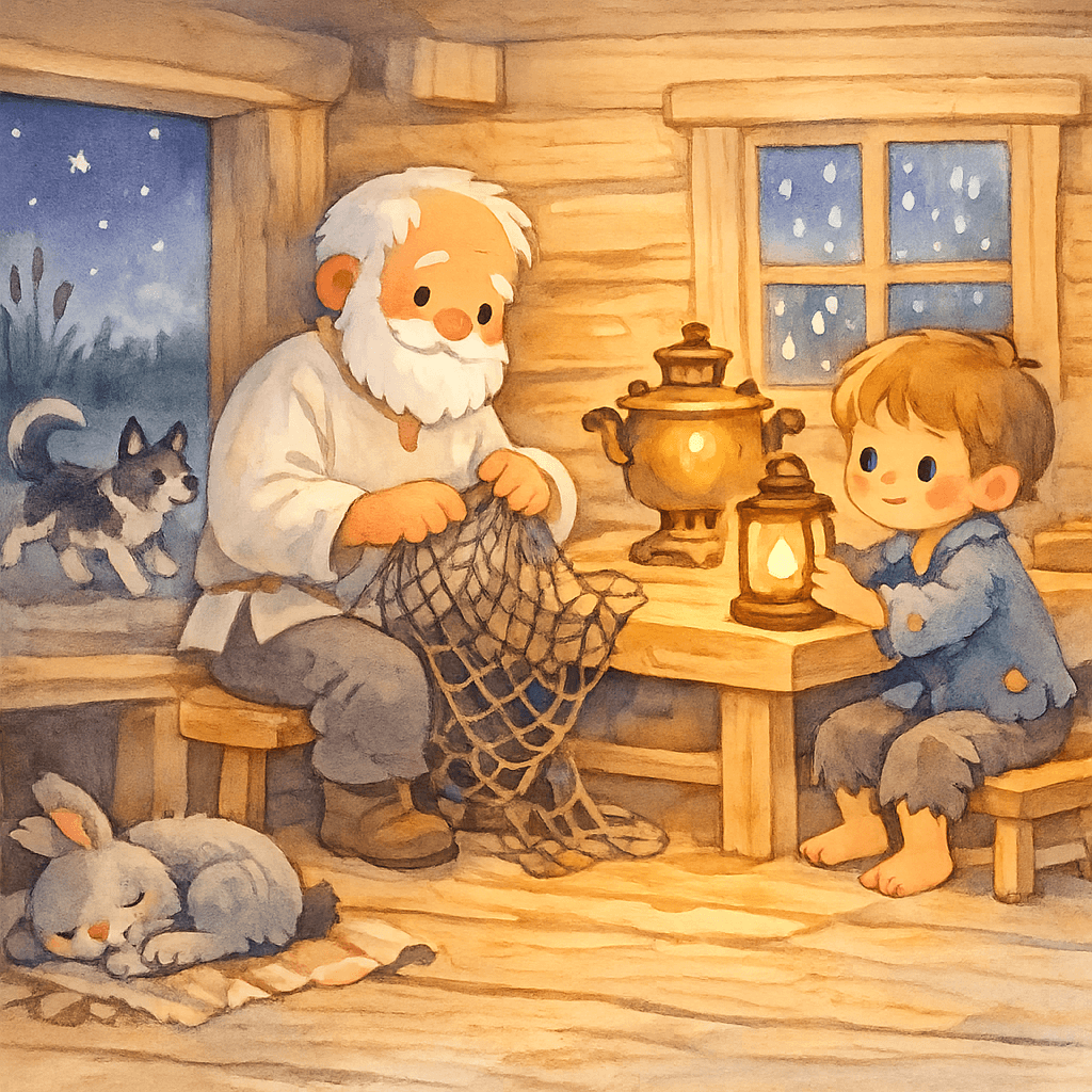 Ночь в избе, дед чинит сеть, мальчик с фонарём, заяц спит
