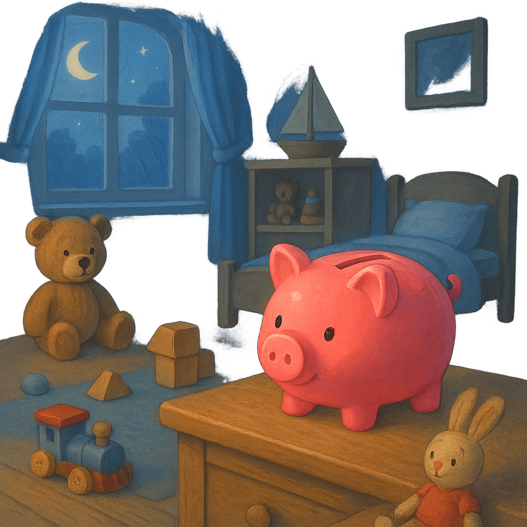 Новая глиняная свинья-копилка на шкафу в детской комнате после событий сказки. Лунный свет, уютная атмосфера, порядок среди игрушек. Стиль детской сказки.