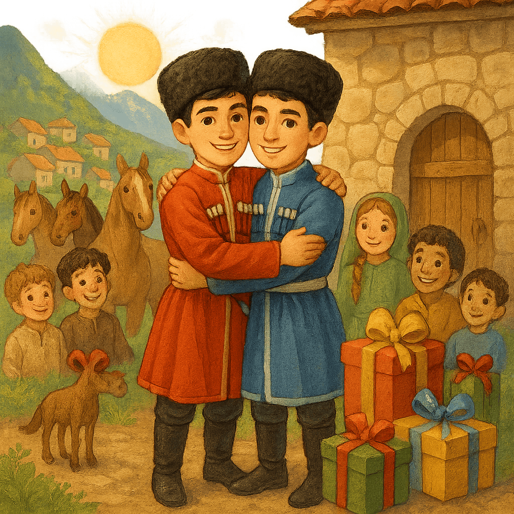 Два джигита их друзья подарки и лошади на фоне аула финал истории о дружбе и взаимопомощи 