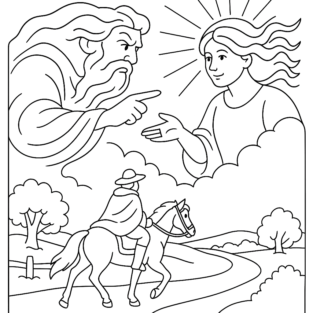 Раскраска по сказке "Ветер и солнце"