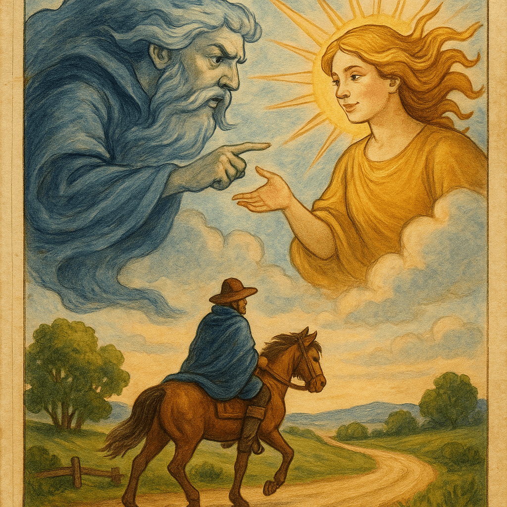 Солнце и Северный Ветер спорят в небе, а путешественник едет верхом по большой дороге.