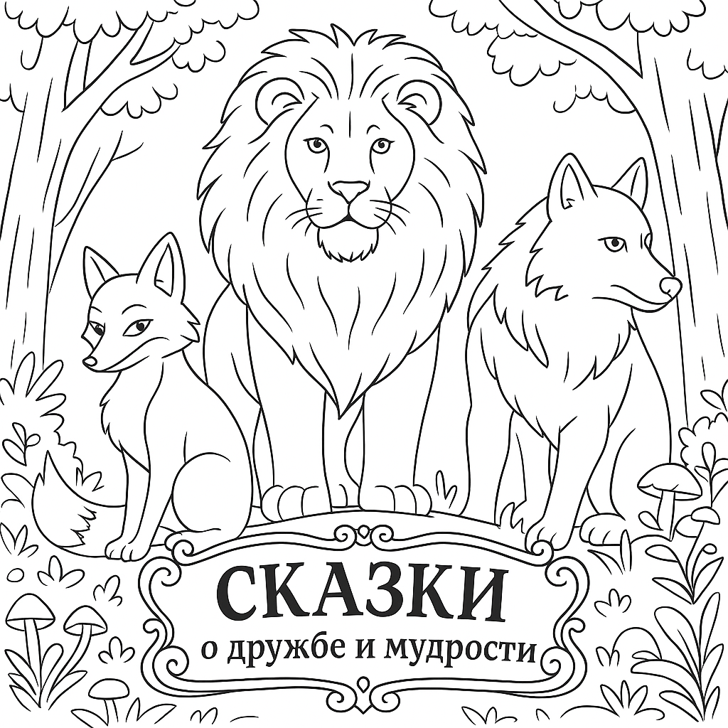 Раскраски: Лев, лиса и волк