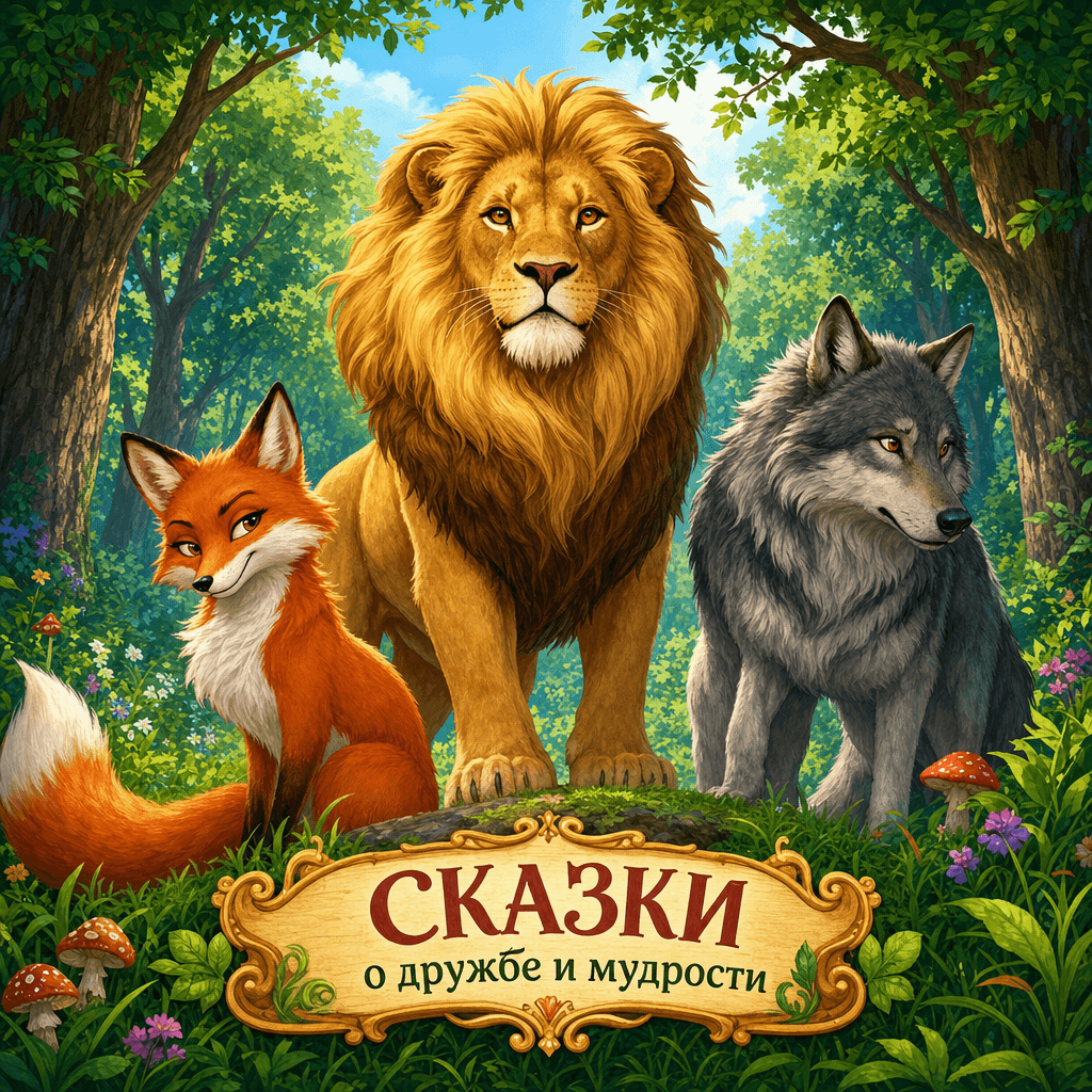 Обложка для сказки: Лев, Лиса и Волк на лесной поляне, дружелюбная атмосфера