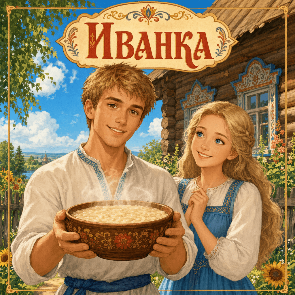 Иванка держит миску с овсяным киселём, рядом Параска, на фоне деревенский дом и летний день. Обложка в стиле детской сказки.