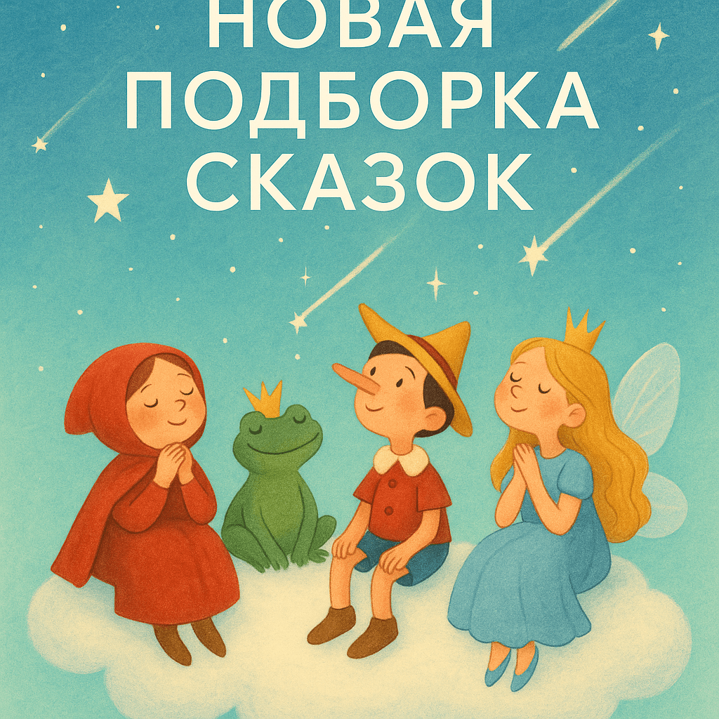 Персонажи из разных сказок сидят на облаке и загадывают желания. Светлая и вдохновляющая иллюстрация.