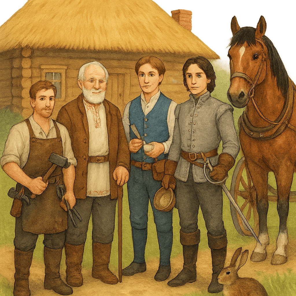Отец и три сына у родительского дома; рядом заяц и рысак с двуколкой