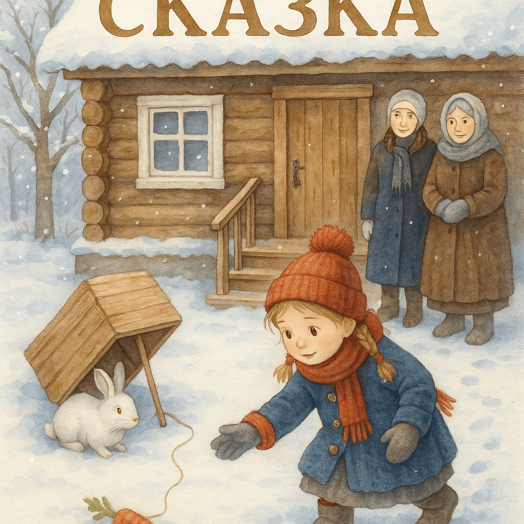 Катя, её семья и белый кролик у ловушки на заснеженном крыльце деревенского дома