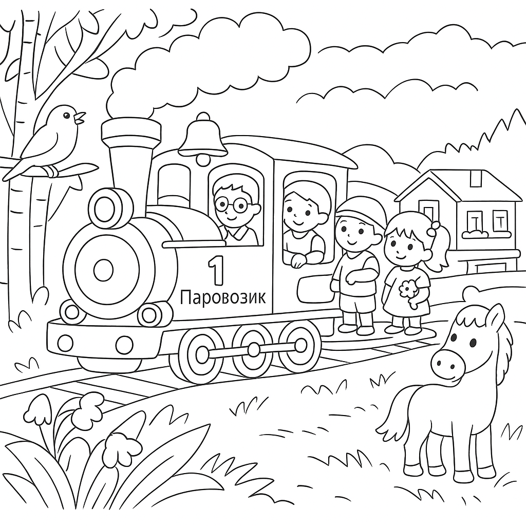Раскраска по сказке "Паровозик из Ромашково"