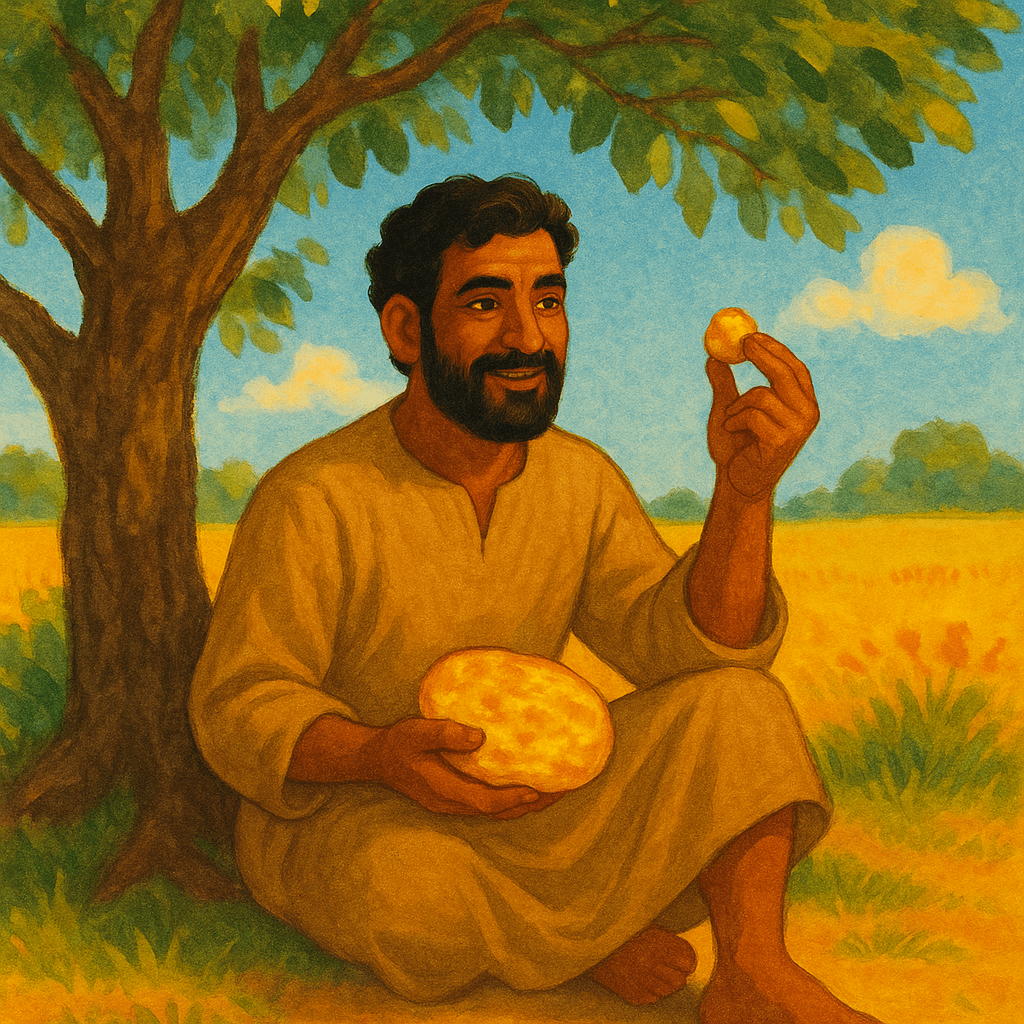 Обложка: Аббас (40 лет) — смуглый мужчина в светло-коричневой тунике и босиком — сидит под раскидистым деревом на фоне поля. В одной руке у него золотой камешек и золотая лепёшка. Атмосфера восточной сказки для детей: ярко и тепло.