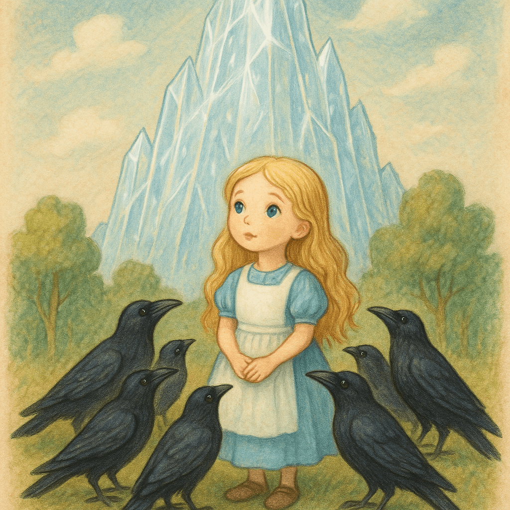 Обложка: Девочка (7 лет; белая кожа; светлые длинные волосы; голубые глаза; простое голубое платье с белым фартуком) стоит вместе с семью воронами (черные гладкие перья) у подножия сверкающей стеклянной горы (прозрачная гора выше деревьев); атмосфера волшебства и надежды. Стиль детской сказки.
