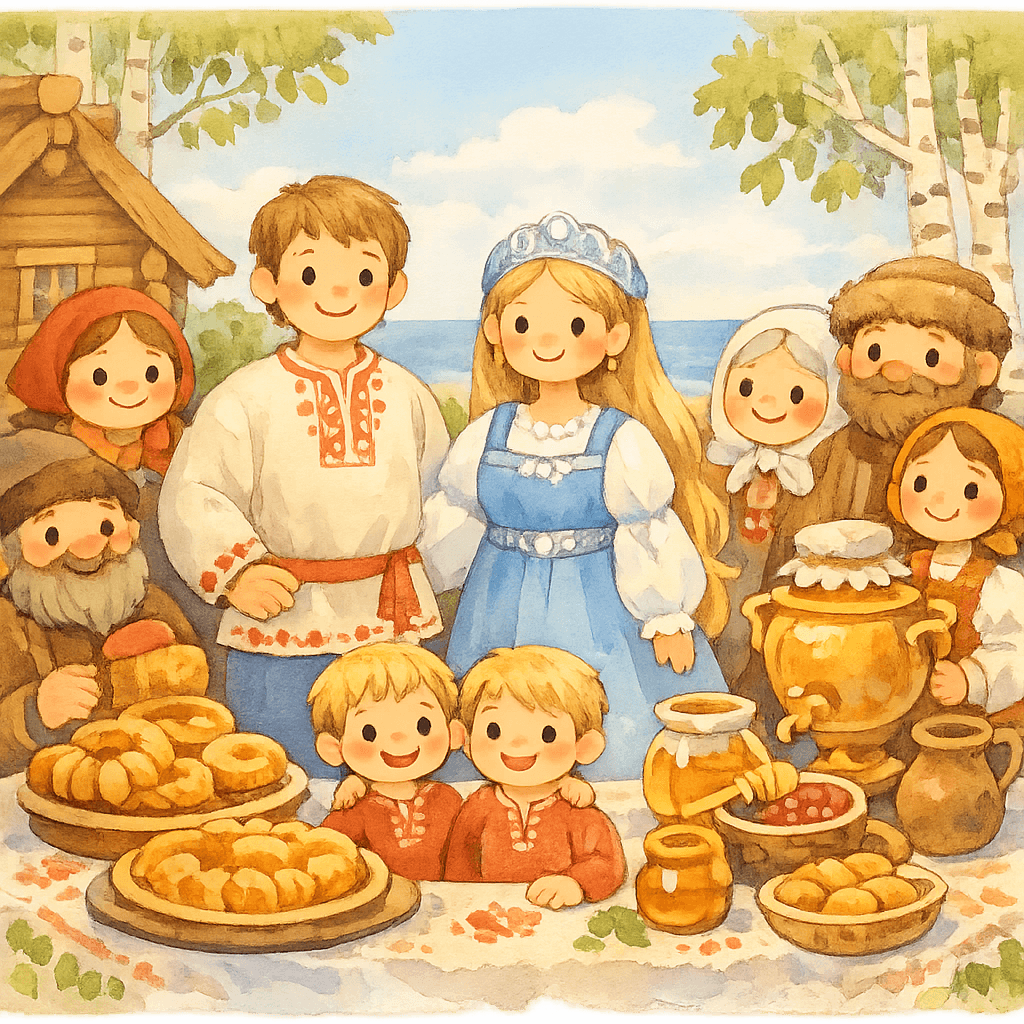 Семья празднует возле избушки, весёлый пир с пирогами и мёдом.