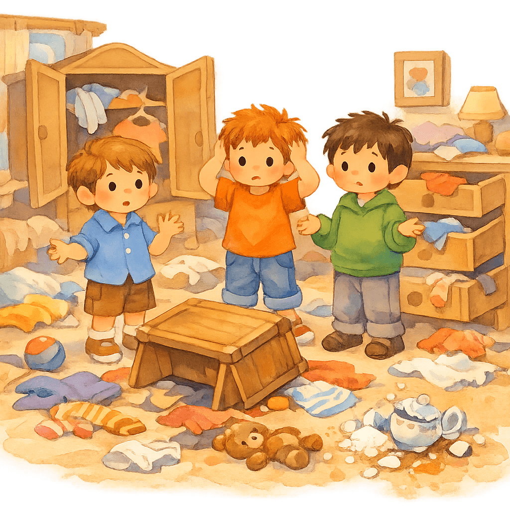 Мальчики смотрят на беспорядок в комнате и думают, как всё убирать