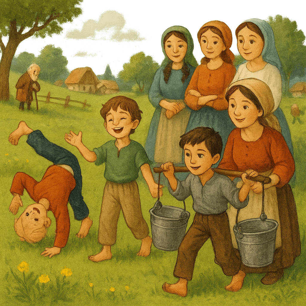 Мальчик помогает матери нести ведра, другие показывают ловкость и поют