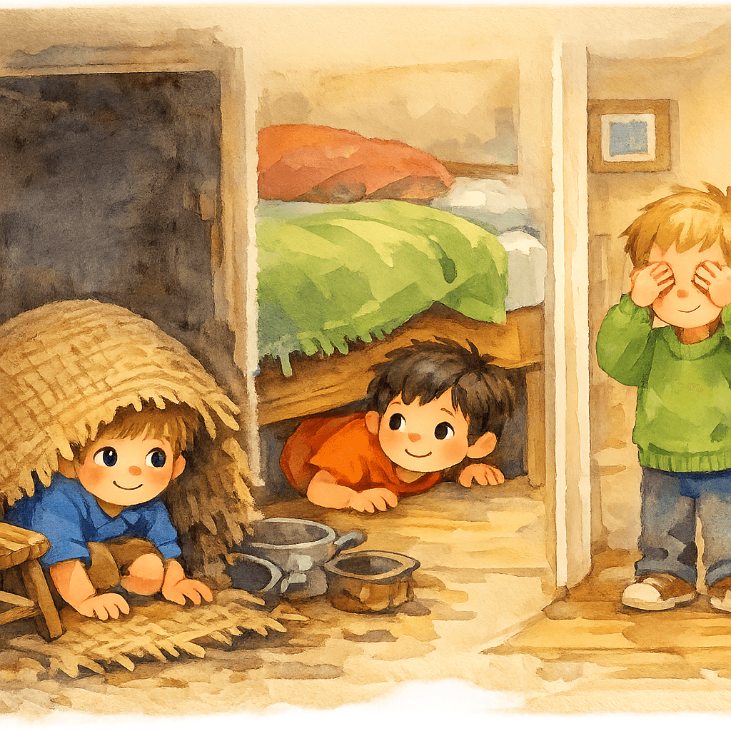 Мальчик прячется под рогожкой в чулане, другой выглядывает из-под кровати, третий считает в коридоре