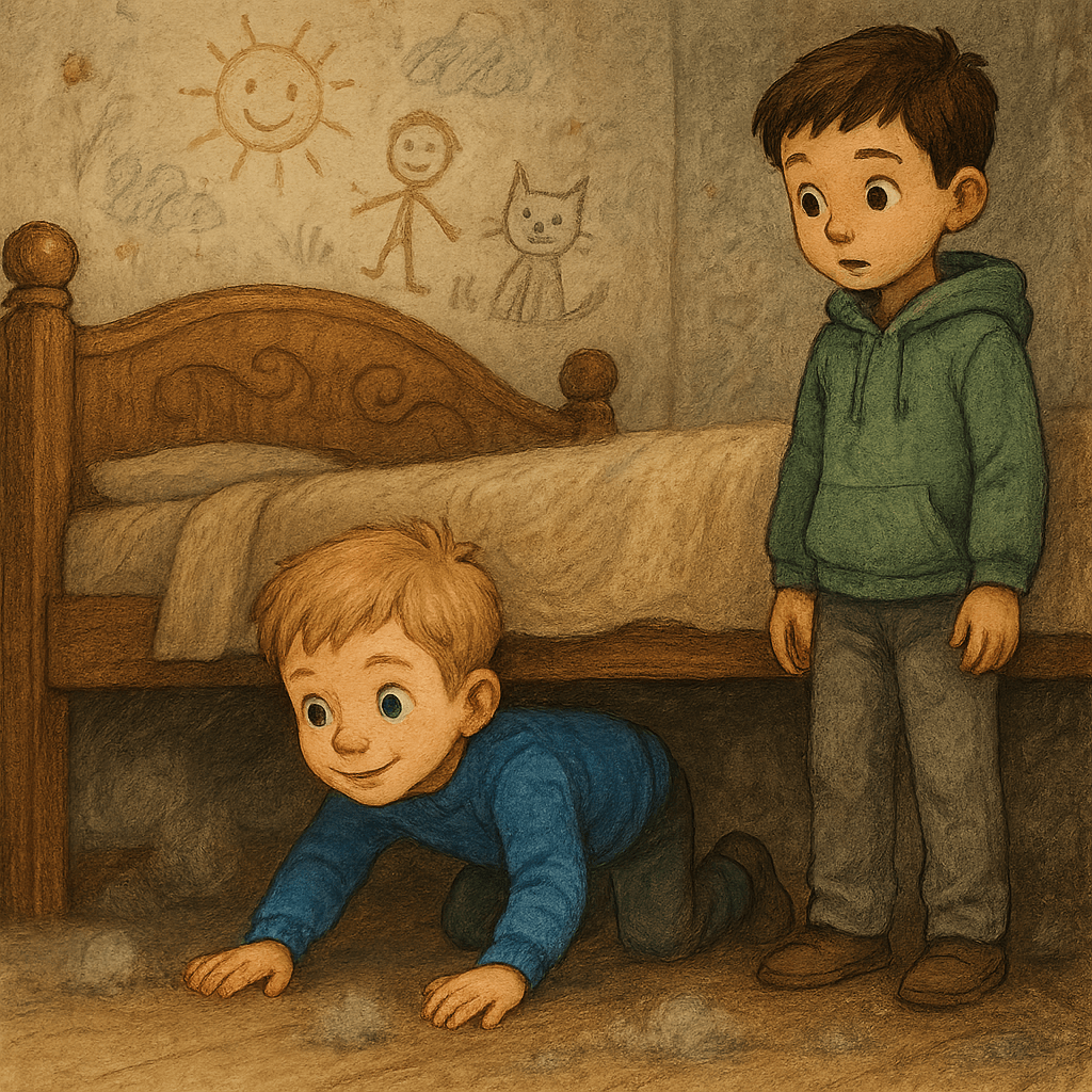 Мальчик под кроватью ищет кошку, другой мальчик помогает